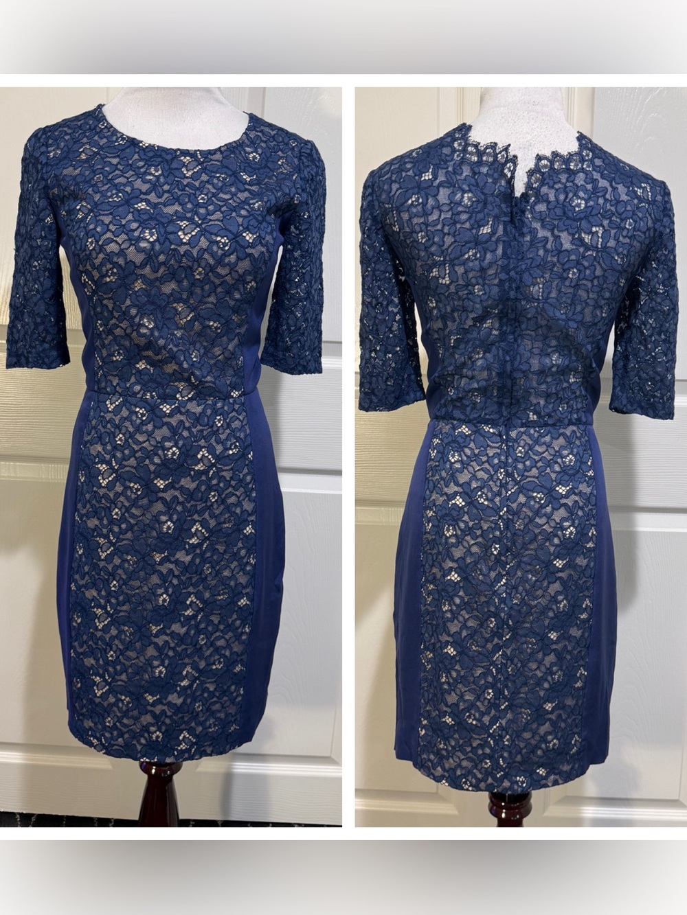 Barneys New York CO-OP Blue Floral Lace Silk Lined Sheath Dress 0